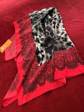 Red & Gray Animal Print Scarf with Lace Design Border
